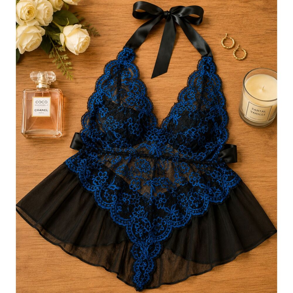 Lingerie Lace Mesh Bodysuit Black And Blue Women's New Unbranded (767D)